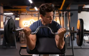 Homem fazendo rosca bíceps com barra W no banco Scott, exemplo de exercício resistido
